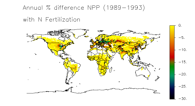 Lehigh University Benjamin Felzer - Annual % difference NPP (1989-1993) with N Fertilization
